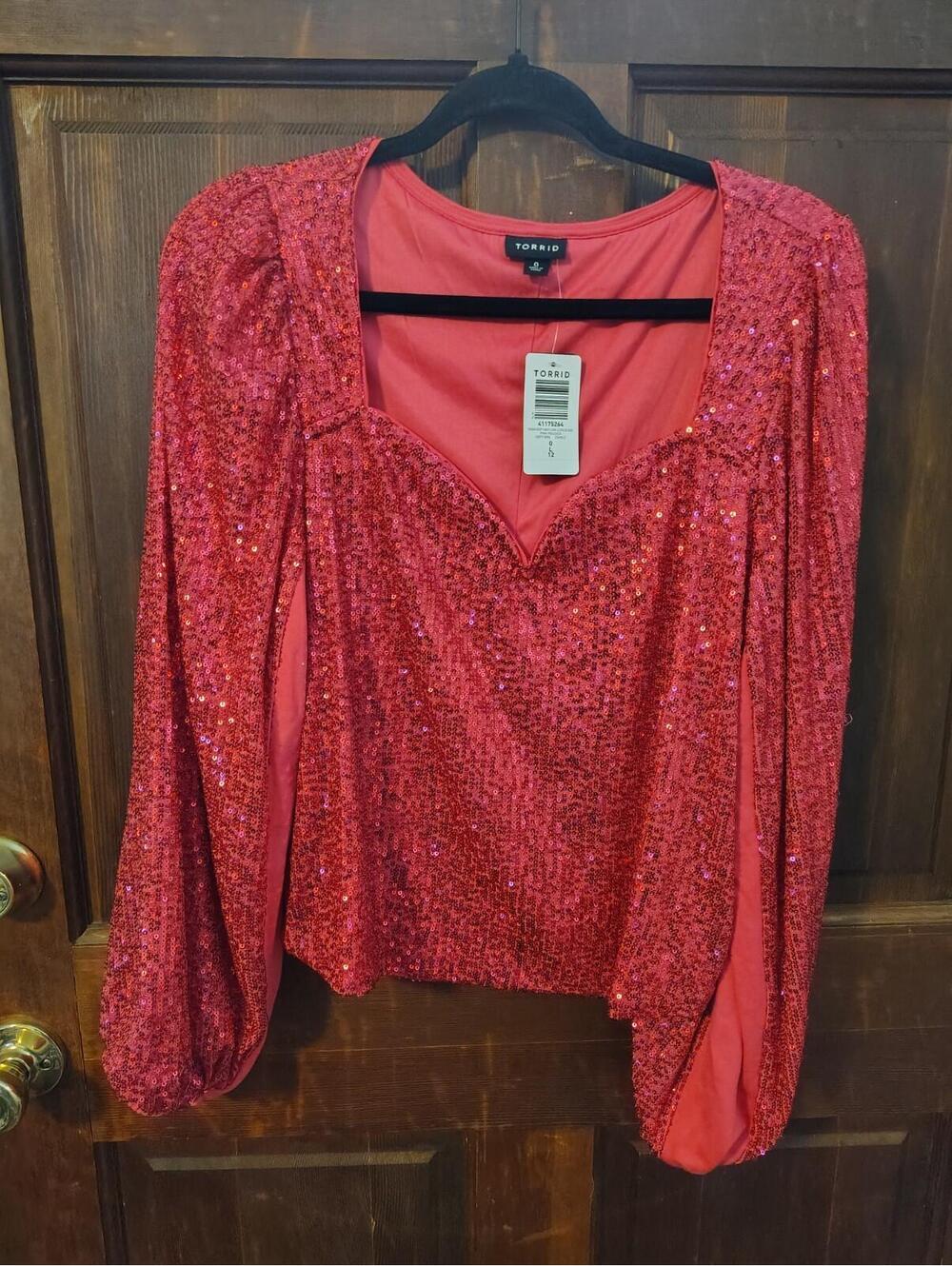 Torrid Sequin Deep V-Neck Long Sleeve Blouse In Pink Peacock Size Large 12
